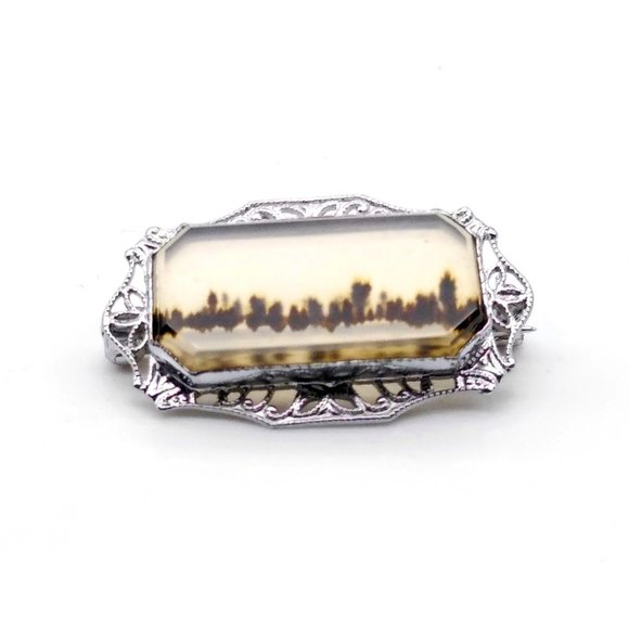 Antique Dendritic Agate Broock in Filigree 14K White Gold Frame, Elegant Shazar - Picture 2 of 4